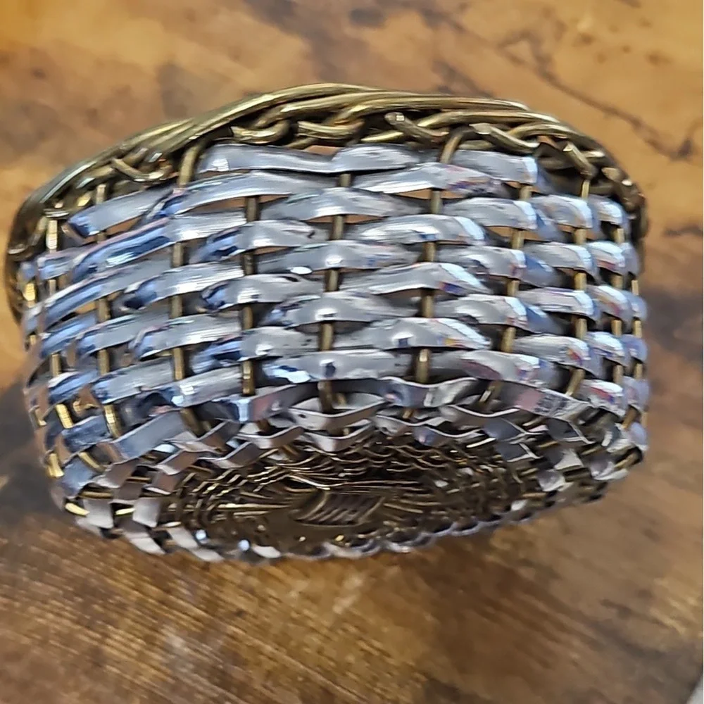 Vintage Woven Metal Basket Silver & Gold Tone Round Boho Decor